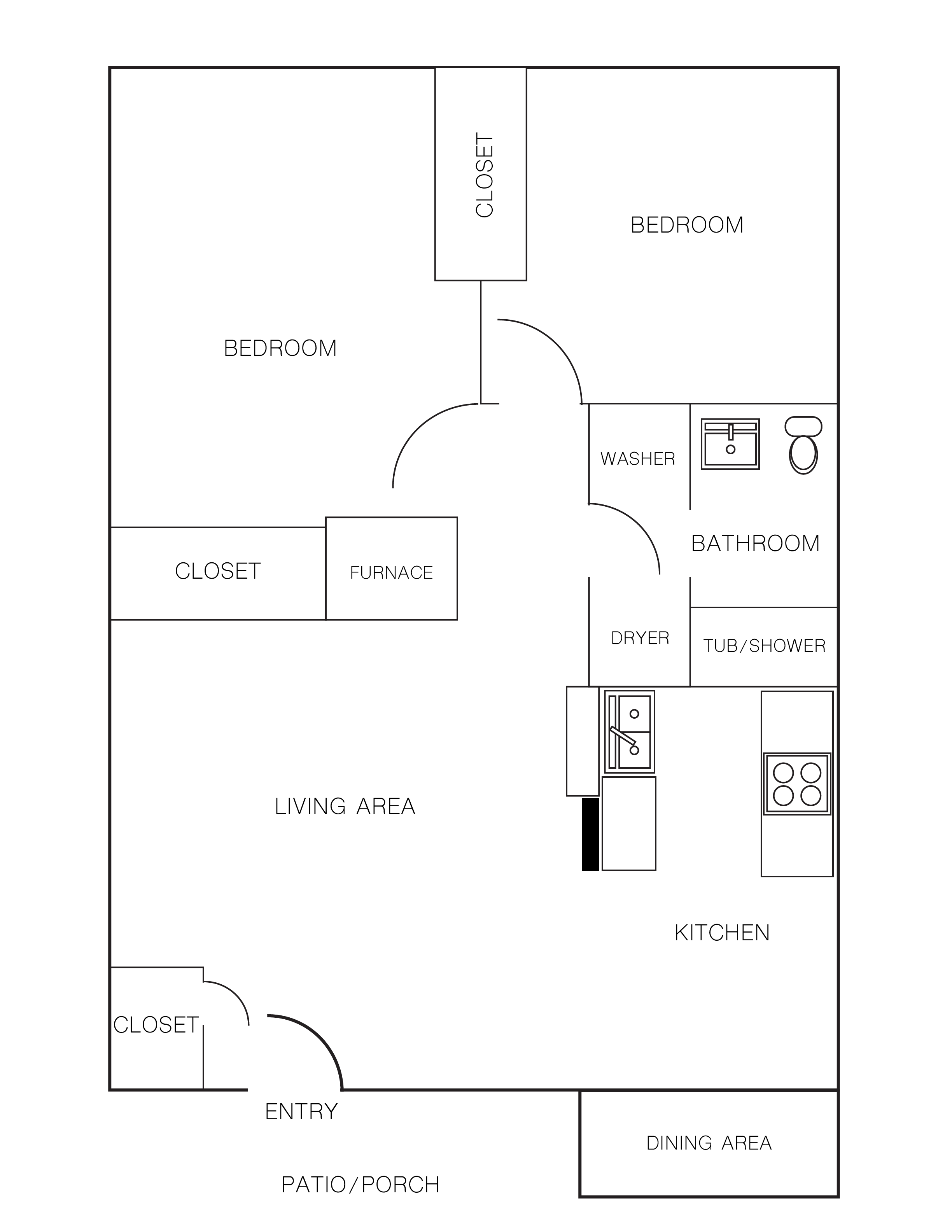 Floor plan for 2 beds, 1 bath, 957 sqft